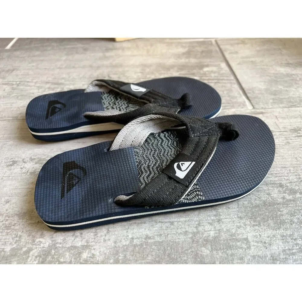 Quiksilver Flip Flops Black Navy Little Kids Boys Youth Sandals Beach Canvas 12